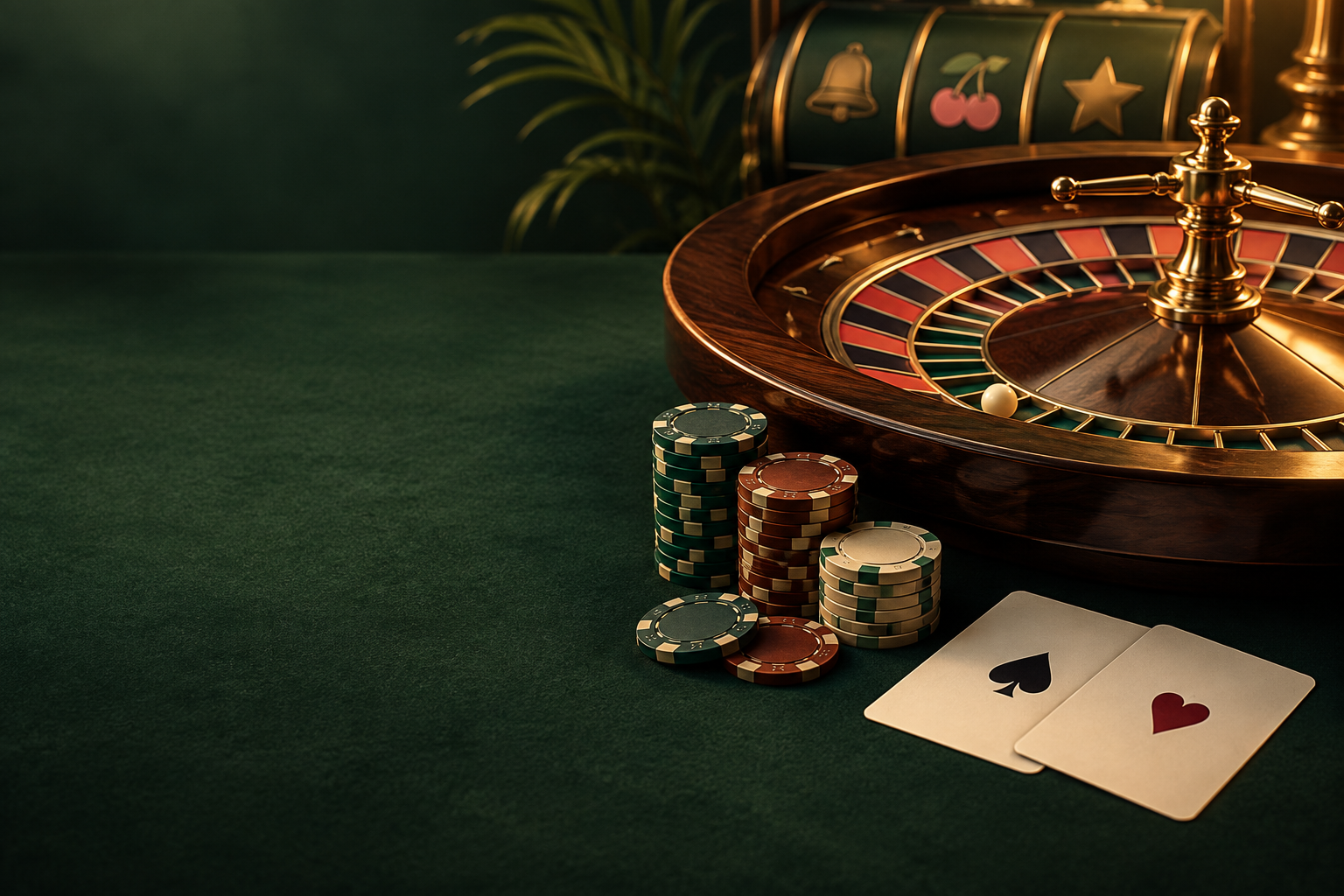 Ilustrasi roda roulette, kartu dan keping dengan cahaya tembaga