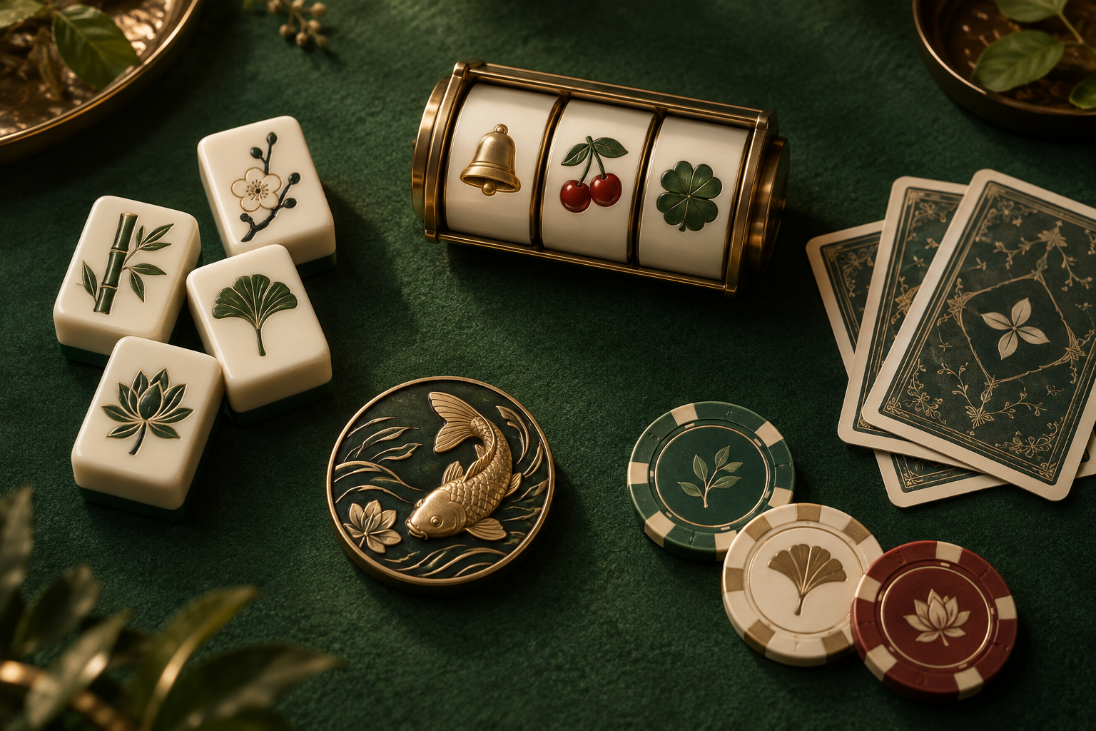 Ilustrasi gulungan slot, kartu, ubin mahjong dan keping di meja hijau